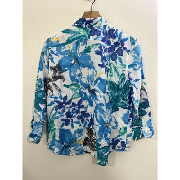 Linen Button Up Floral Blouse M Boho Coastal Resort Maximalist Preppy Office Art - Picture 2 of 12
